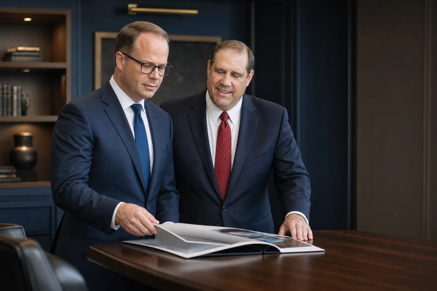 Dennis Marshall and Joseph Williams reviewing business materials